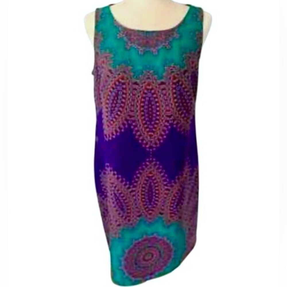 Nine West Sleeveless Medallion Shift Dress in Teal Green/Purple Women’s 6